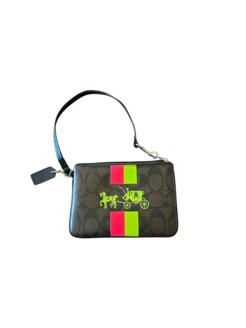 Coach Corner Zip Wristlet Signature Coated Canvas Neon Stripe Horse & Carriage